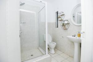 a bathroom with a shower and a toilet and a sink at Comfy Hatfield Appartment in Pretoria