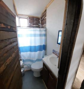 y baño con aseo y cortina de ducha. en CABAÑAS MIRASOL ALGARROBO, en Yeco