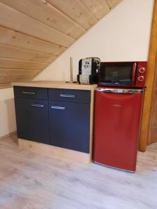 uma cozinha com um frigorífico vermelho e um micro-ondas em Steinhaus / Kamenny Dum em Zdíkov