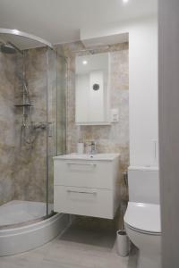ein Bad mit einem Waschbecken, einer Dusche und einem WC in der Unterkunft Apartament z Balkonem in Bad Königsdorff-Jastrzemb