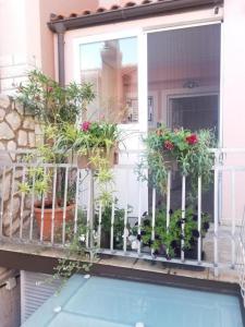 un balcón con macetas en una ventana en Apartment Lucia en Omišalj