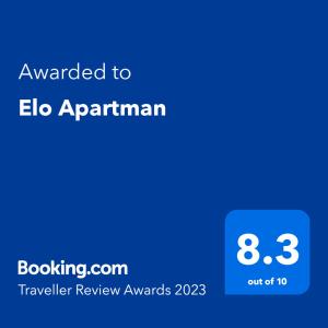 a blue screen with the text awarded to elico appannann at Elo Apartman in Csokonyavisonta