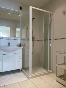 a bathroom with a glass shower and a sink at Appartement avec vue exceptionnelle sur Biarritz in Biarritz