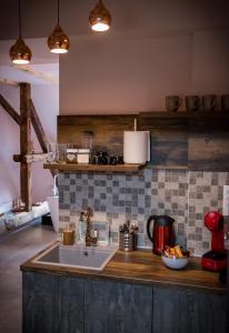 a kitchen with a sink and a counter at Čista desetka! - sa garažnim mestom in Novi Sad