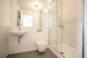 a bathroom with a toilet and a sink and a shower at Grand Canal Square Apartments in Dublin