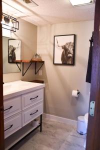 a bathroom with a white sink and a mirror at Cozy Mountain Getaway! Mountain views! 2 bed, 2 bath, Sleeps 6 in Gatlinburg