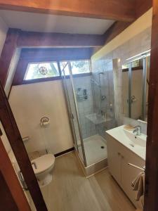 a bathroom with a shower and a toilet and a sink at Chalet de vacances au bord de mer VER SUR MER in Ver-sur-Mer