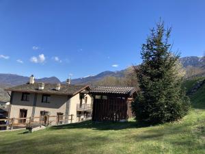 a house on a hill with a christmas tree in the yard at Appartamento Il Giardino in Castello dellʼAcqua