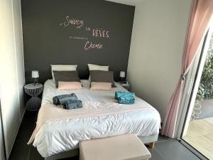 1 dormitorio con 1 cama con 2 almohadas en BLUE DREAM, en Juan-les-Pins