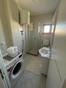 uma casa de banho com uma máquina de lavar roupa e um lavatório em Apartmani Anida em Porec