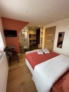 1 dormitorio con 1 cama grande con manta roja en Chambre proche centre avec petit déjeuner, en Fontaine-lès-Dijon
