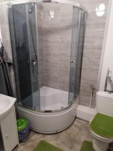 a bathroom with a shower and a toilet at Suwałki Centrum in Suwałki