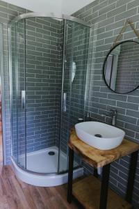 a bathroom with a sink and a glass shower at Weź tu Przystań - Mikołajek 1 in Pomiechówek +19 photos
