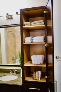 een badkamer met een handdoekenrek en handdoeken bij Emerald City Luxury Suite ~Fully Gated Community in Midland