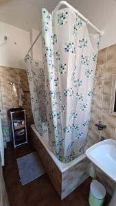 a bathroom with a shower curtain and a tub at Al Ponte in Ferrara