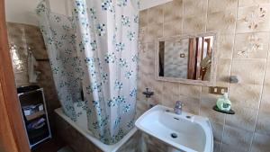 a bathroom with a sink and a shower curtain at Al Ponte in Ferrara