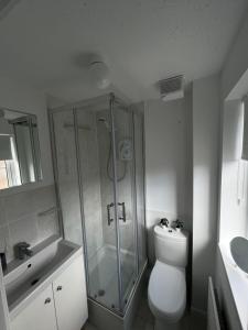 a bathroom with a shower and a toilet and a sink at Kingmaker House! Luxury 4 Beds - Free Private Parking and Garden in Northampton