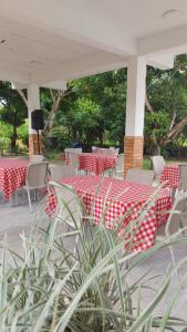 a table with red and white checkered tables and chairs at Mangüeña Alojamiento Rural in Palermo