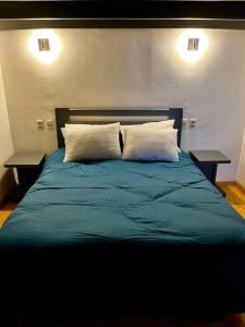 a bedroom with a bed with two pillows and two tables at Departamento en La Paz, en pleno centro histórico in La Paz