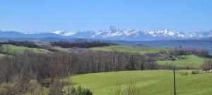 a green pasture with snow covered mountains in the background at Le YESLOWBUS en fête in Carla-Bayle