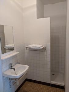 W łazience znajduje się umywalka, lustro i prysznic. w obiekcie L'Autre Lieu w mieście Cherbourg en Cotentin