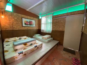 una camera con tre letti posti su uno scaffale di New Famer Hut 2 a Brinchang
