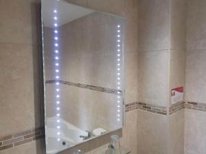 a bathroom with a shower with a mirror at Llety Teifi Guest House in Cardigan