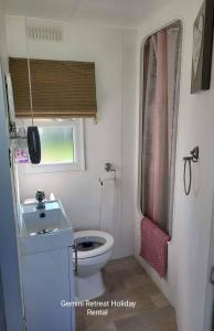 a small bathroom with a toilet and a shower at Stylish holiday home with fishing lakes in Fiskerton