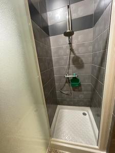 a shower in a bathroom with a tiled wall at Normandie, mer et campagne in Ver-sur-Mer
