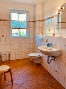 La salle de bains est pourvue d'un lavabo, de toilettes et d'une fenêtre. dans l'établissement FeWo am Strand Glowe, à Glowe