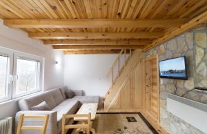 a living room with a couch and a tv at Stojanov Konak in Lazići