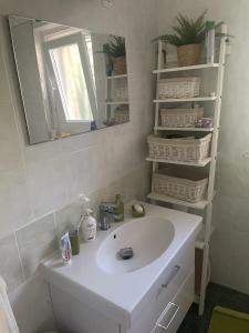 uma casa de banho com um lavatório branco e um espelho. em Szemes Villa em Balatonszemes