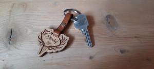 um par de chaves sentado em cima de uma mesa de madeira em Steinhof em Gries am Brenner