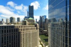 Holiday Inn - Chicago Dwtn - Wolf Point, an IHG Hotel في شيكاغو: إطلالة على أفق المدينة مع مباني طويلة