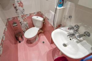 ein rosafarbenes Bad mit einem WC und einem Waschbecken in der Unterkunft Budget central next to sea garden and beach in Warna