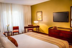 サン・クリストバルにあるLidotel San Cristóbalのベッド1台、薄型テレビが備わるホテルルームです。