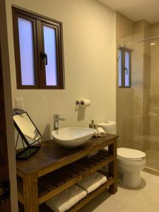 a bathroom with a sink and a toilet at Hermoso departamento en Val’Quirico Loft Frontana in Tlaxcala de Xicohténcatl
