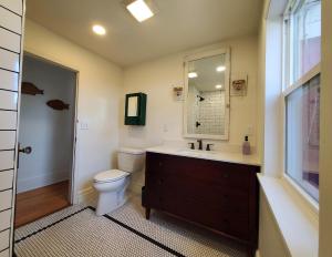een badkamer met een toilet, een wastafel en een spiegel bij 127 Hwy 71 Main House in Arnolds Park