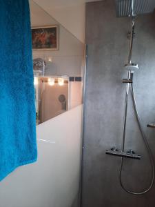 La salle de bains est pourvue d'une douche et d'un rideau bleu. dans l'établissement 360 degrés sur la rochelle, à La Rochelle