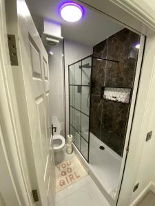 een badkamer met een toilet en een inloopdouche bij Station House in Batley
