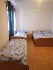 sypialnia z 2 łóżkami i drewnianą podłogą w obiekcie Smestaj Vlasina w mieście Surdulica