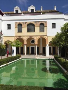 a large building with a pool of water in front of it at Duplex near MEZQUITA of Córdoba & Free Private Parking in Córdoba
