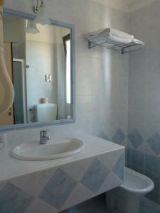 a bathroom with a sink and a mirror and a toilet at Hotel Gambrinus in Lido di Jesolo