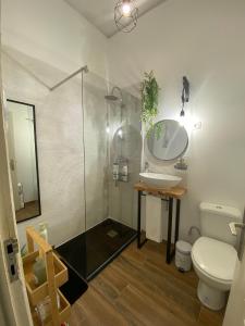 a bathroom with a shower and a sink and a toilet at Casa do Mocho II in Lisbon +16 photos