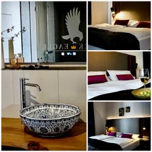 Residence Black Eagle Lubmin Strand في لوبمين: ملصق بصور الحمام وحوض الاستحمام