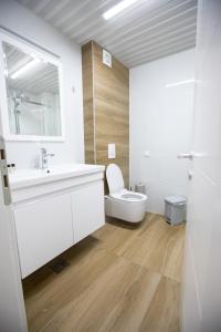 Baño blanco con aseo y lavamanos en Queens Central Apartments en Ohrid