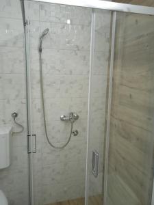 y baño con ducha y puerta de cristal. en Happy Day en Obrenovac