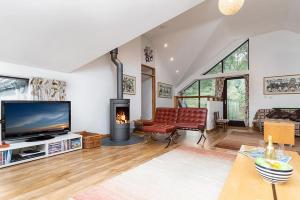 a living room with a television and a fireplace at Hafod Rowen in Llangelynin