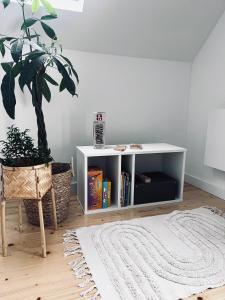 a white book shelf in a room with a potted plant at Chatki Między Górami in Sosnówka