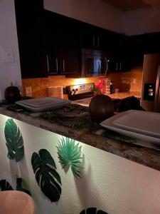 a kitchen with a counter top with plants on it at Pink Tulum Houston 2min from Galleria in Houston